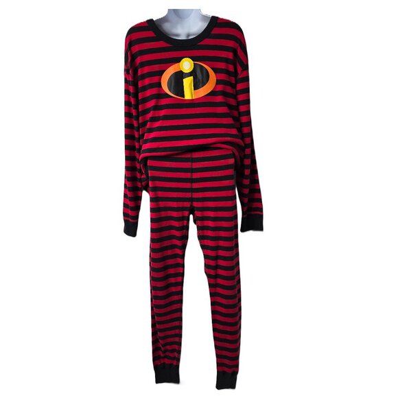 Hanna Andersson Incredibles Pajama Set L Women Disney Long John Black Red Stripe - Picture 1 of 5
